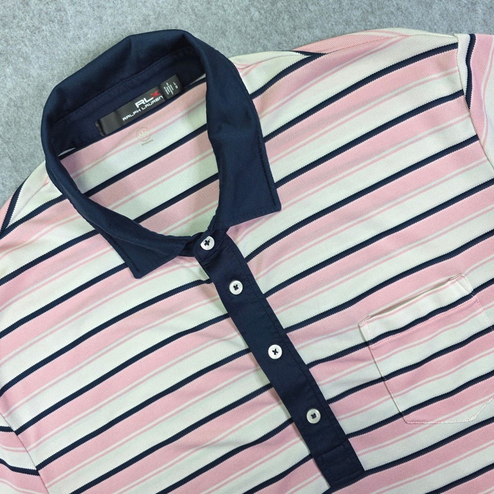 RLX Ralph Lauren Men's Large Pink Navy Striped Golf Polo Shirt Short Sleeve